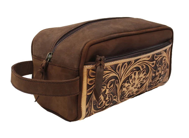 Challenger Men's Distressed Floral Tooled Leather Travel Toiletry Dopp Kit Bag