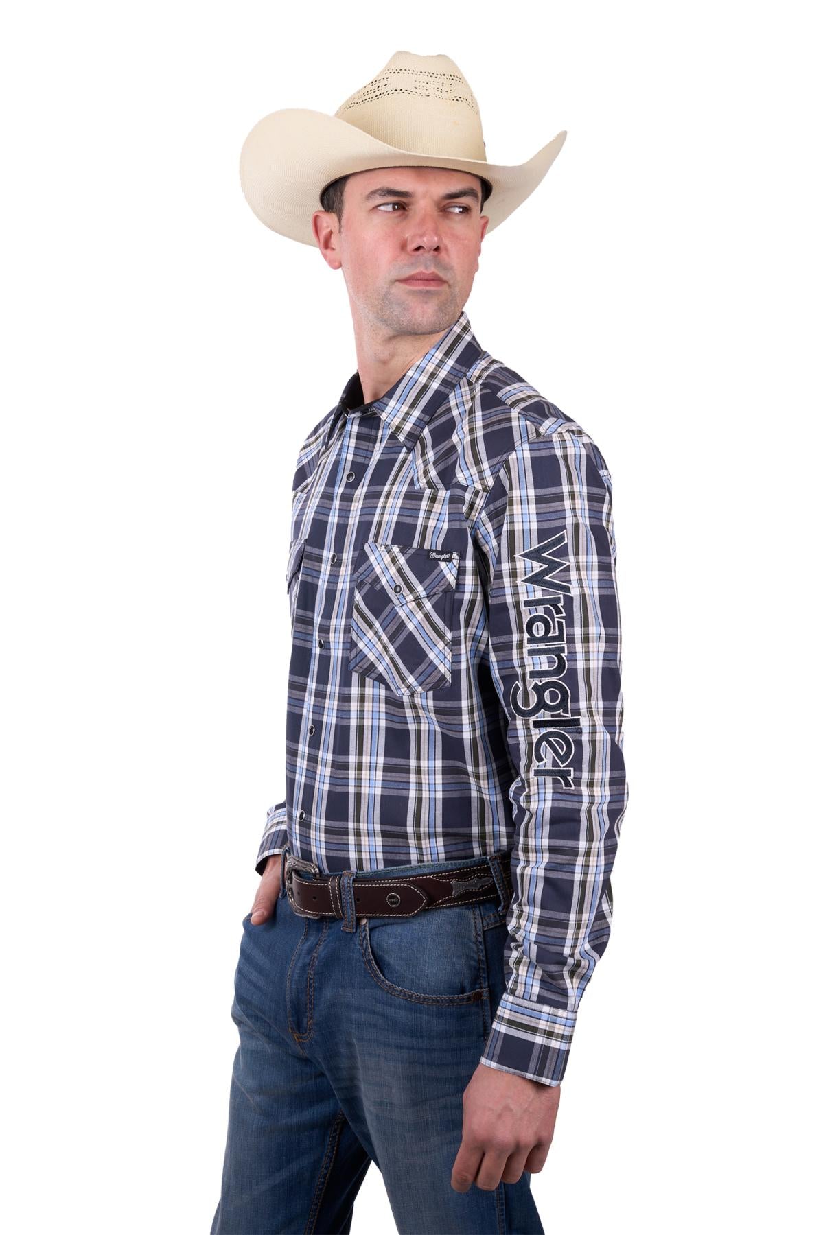 Wrangler Men’s Finn Check Logo Western Long Sleeve Shirt - CHARCOAL/BLUE