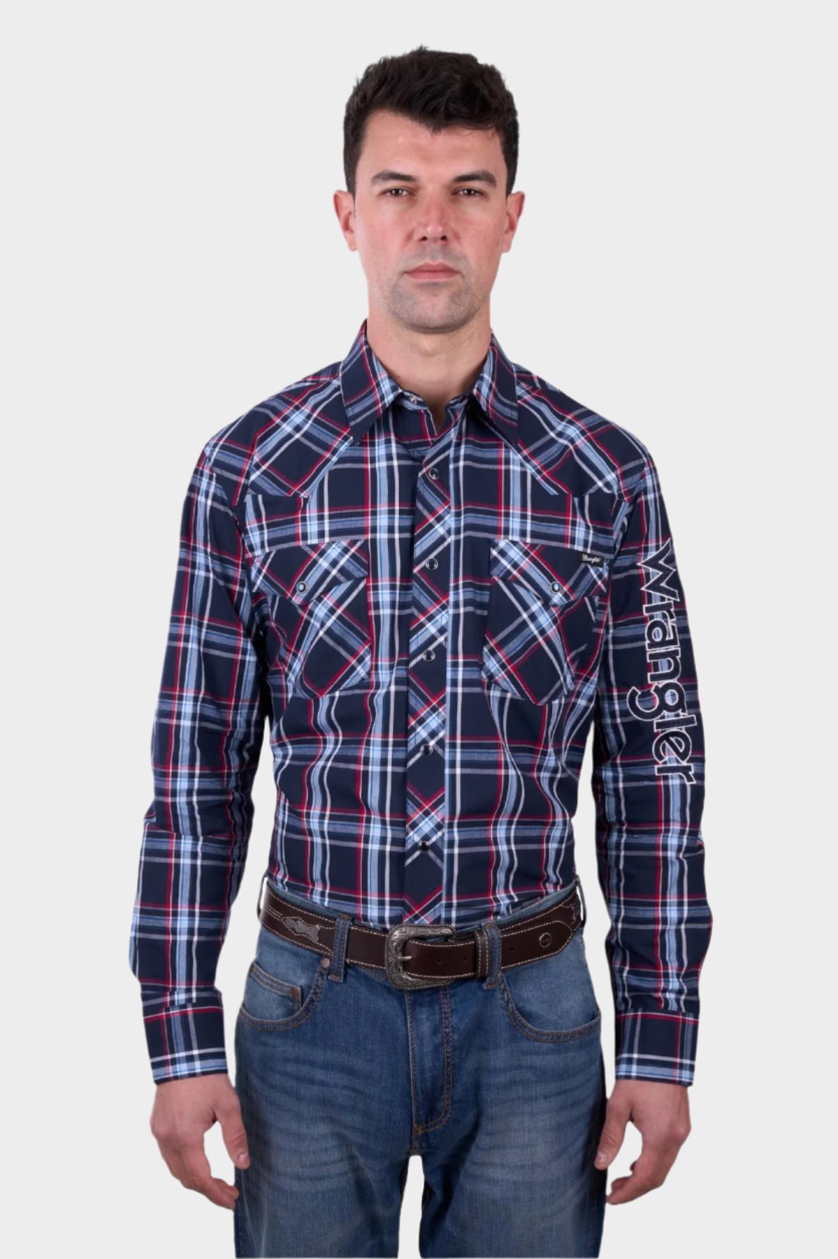 Wrangler Men’s Hugo Check Logo Western Long Sleeve Shirt - NAVY/RED