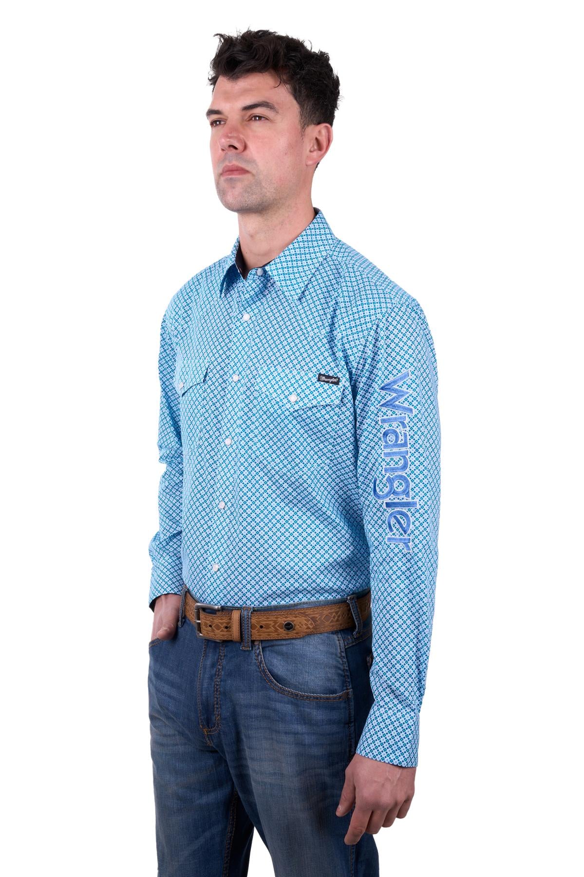 Wrangler Men’s Jude Print Logo Western Long Sleeve Shirt - BLUE/TEAL