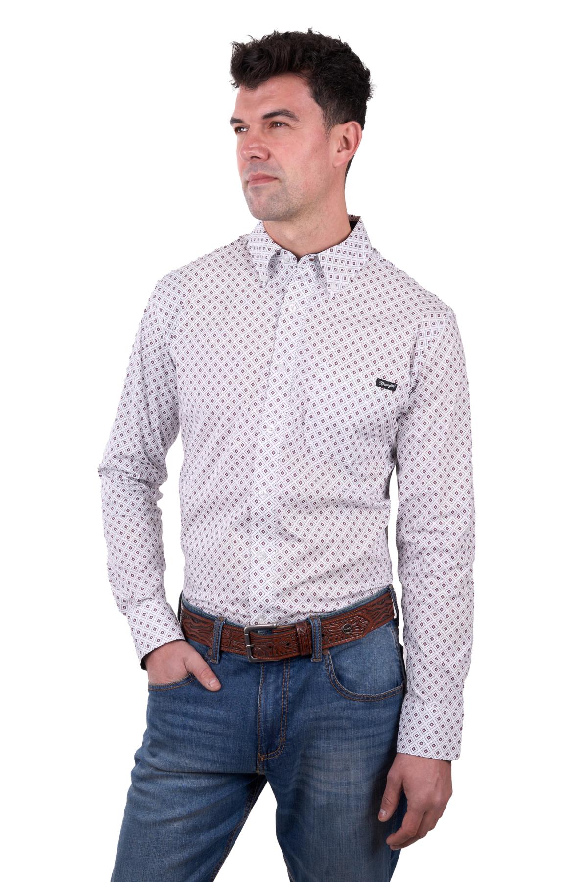 Wrangler Men’s Knox Print Button Down Long Sleeve Shirt - White/Dark Tan