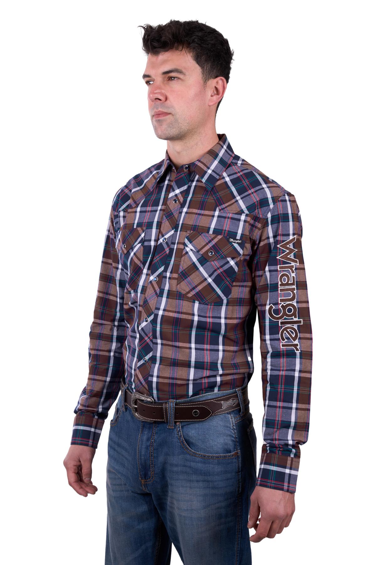 Wrangler Men’s Milo Check Logo Western Long Sleeve Shirt - TAN/NAVY