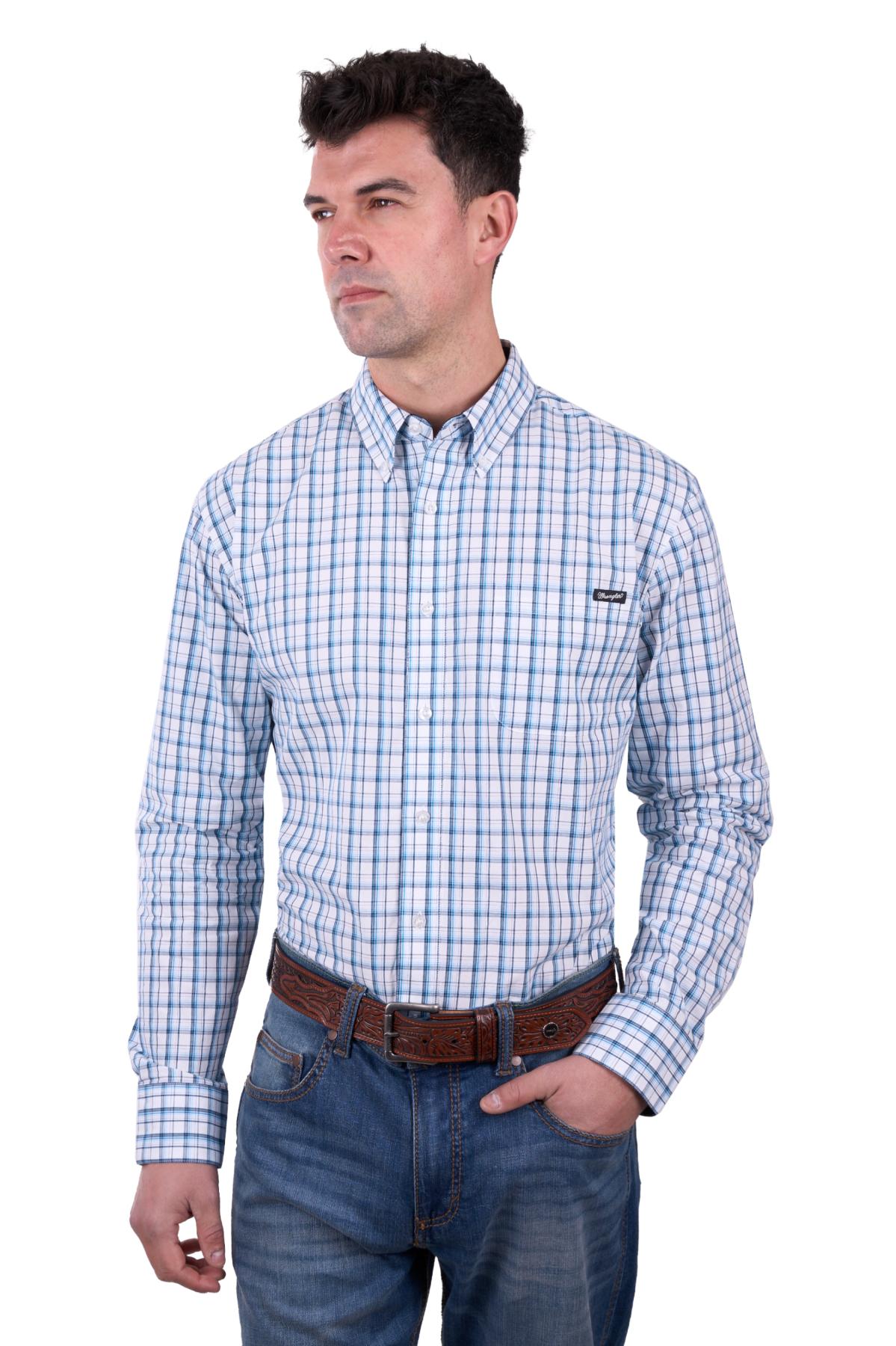 Wrangler Men’s Owen Check Button Down Long Sleeve Shirt - Blue/White