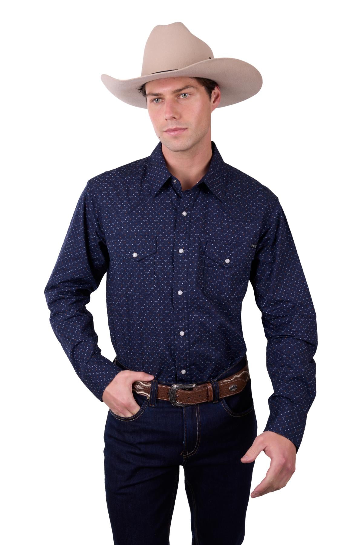 Pure Western Men’s Ross Print Western Long Sleeve Shirt - Navy