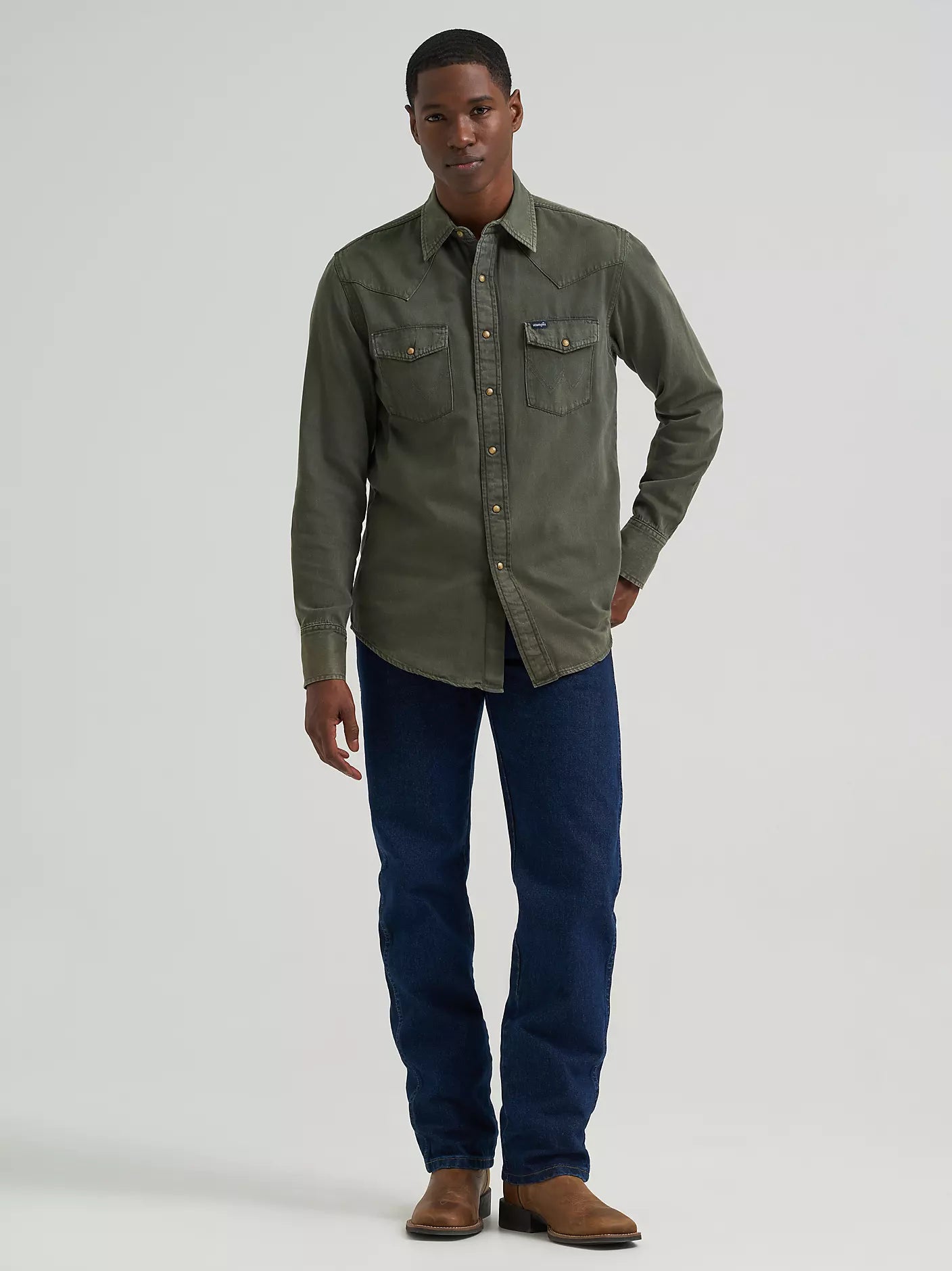 Wrangler® Men's Colorwash Denim Western Snap Shirt - Olive Denim