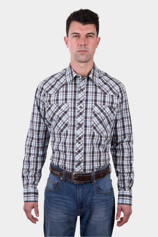 Wrangler Men’s Beau Check Western Button Down Long Sleeve Shirt - DarkTan/Blue
