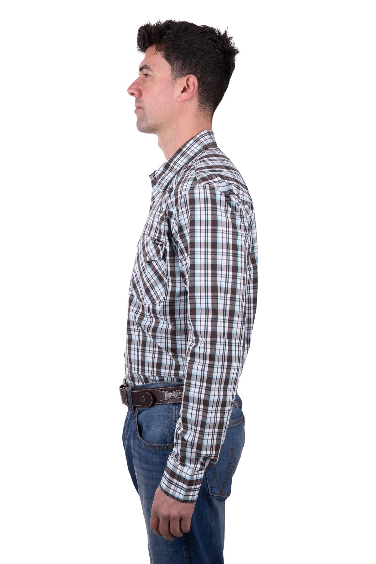 Wrangler Men’s Beau Check Western Button Down Long Sleeve Shirt - DarkTan/Blue