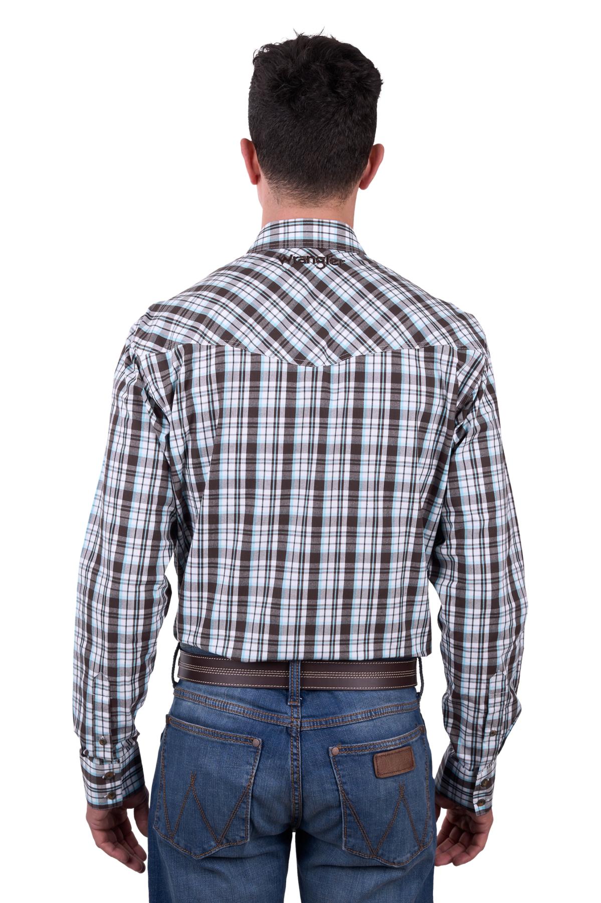 Wrangler Men’s Beau Check Western Button Down Long Sleeve Shirt - DarkTan/Blue