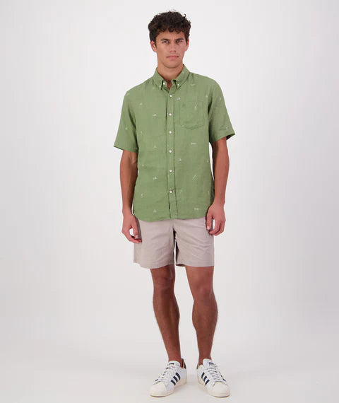 Swanndri Men's Camp Vibes Linen Short Sleeve Shirt - Clover/Lt Taupe