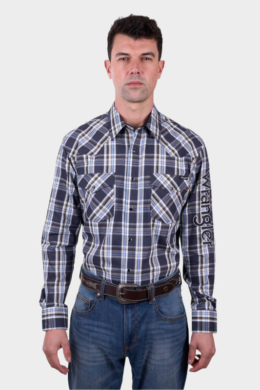 Wrangler Men’s Finn Check Logo Western Long Sleeve Shirt - CHARCOAL/BLUE