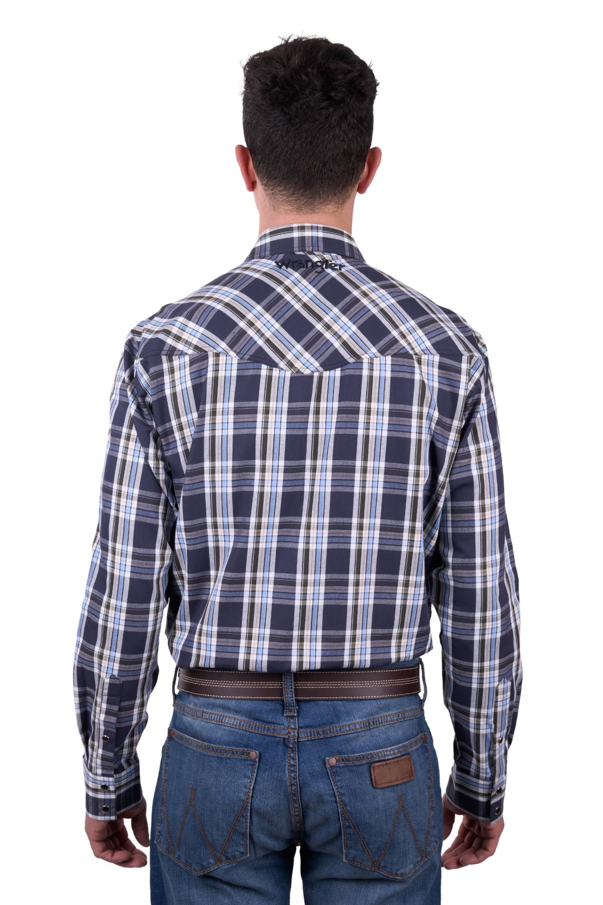 Wrangler Men’s Finn Check Logo Western Long Sleeve Shirt - CHARCOAL/BLUE