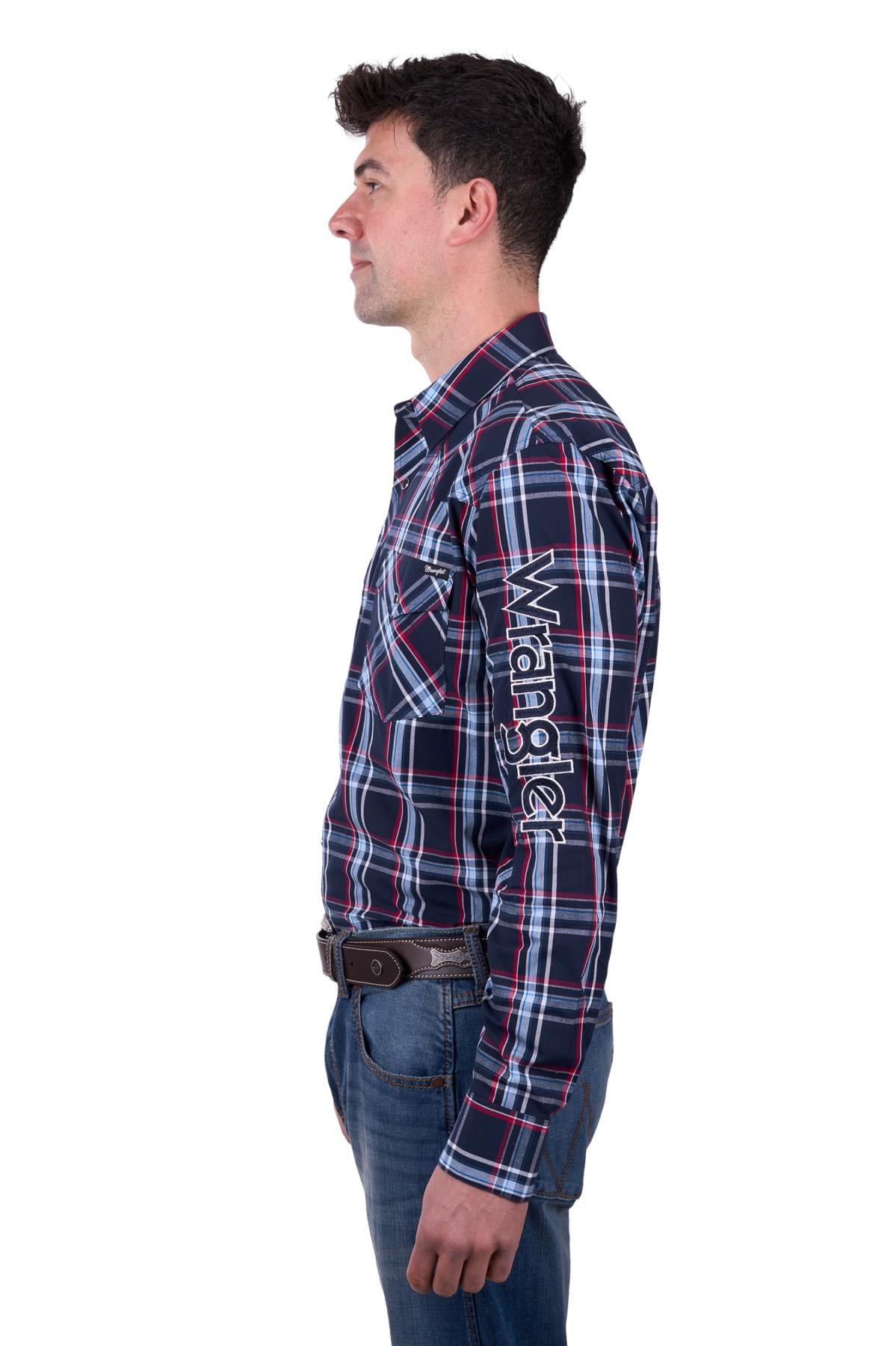 Wrangler Men’s Hugo Check Logo Western Long Sleeve Shirt - NAVY/RED