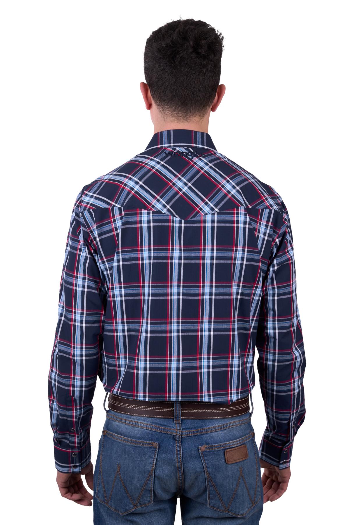 Wrangler Men’s Hugo Check Logo Western Long Sleeve Shirt - NAVY/RED