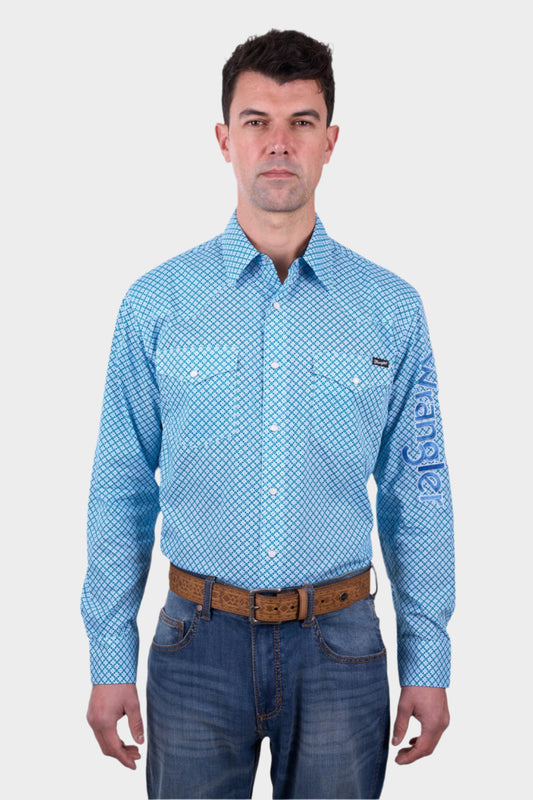 Wrangler Men’s Jude Print Logo Western Long Sleeve Shirt - BLUE/TEAL