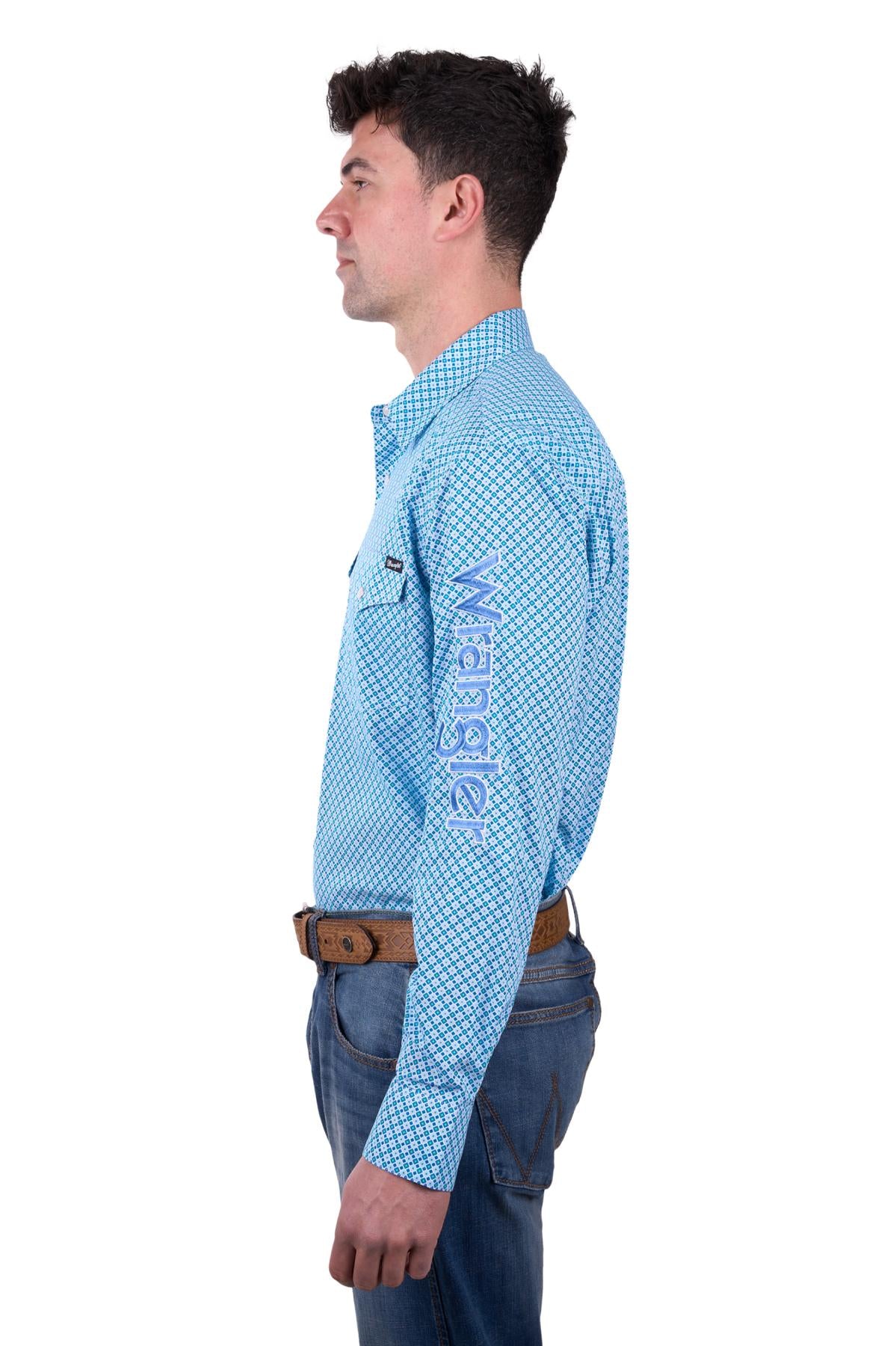 Wrangler Men’s Jude Print Logo Western Long Sleeve Shirt - BLUE/TEAL