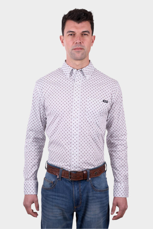 Wrangler Men’s Knox Print Button Down Long Sleeve Shirt - White/Dark Tan