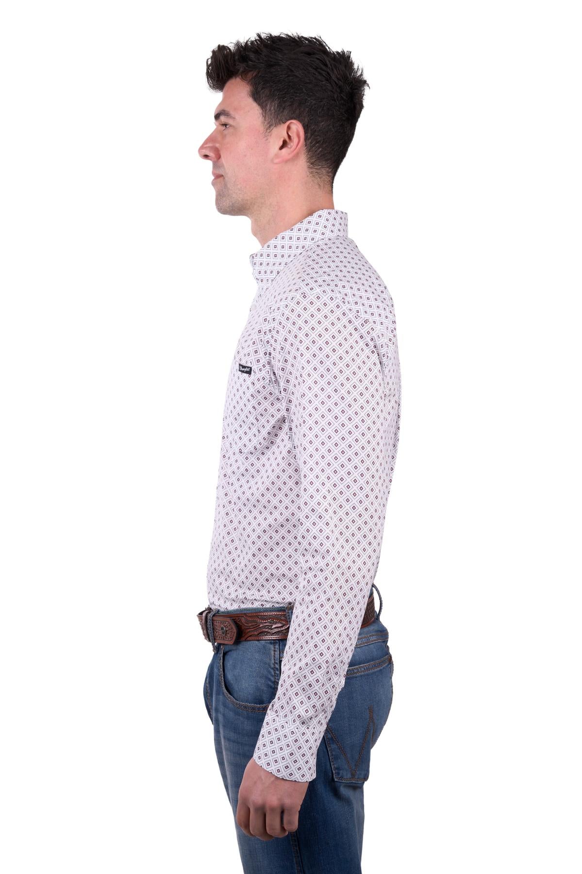 Wrangler Men’s Knox Print Button Down Long Sleeve Shirt - White/Dark Tan
