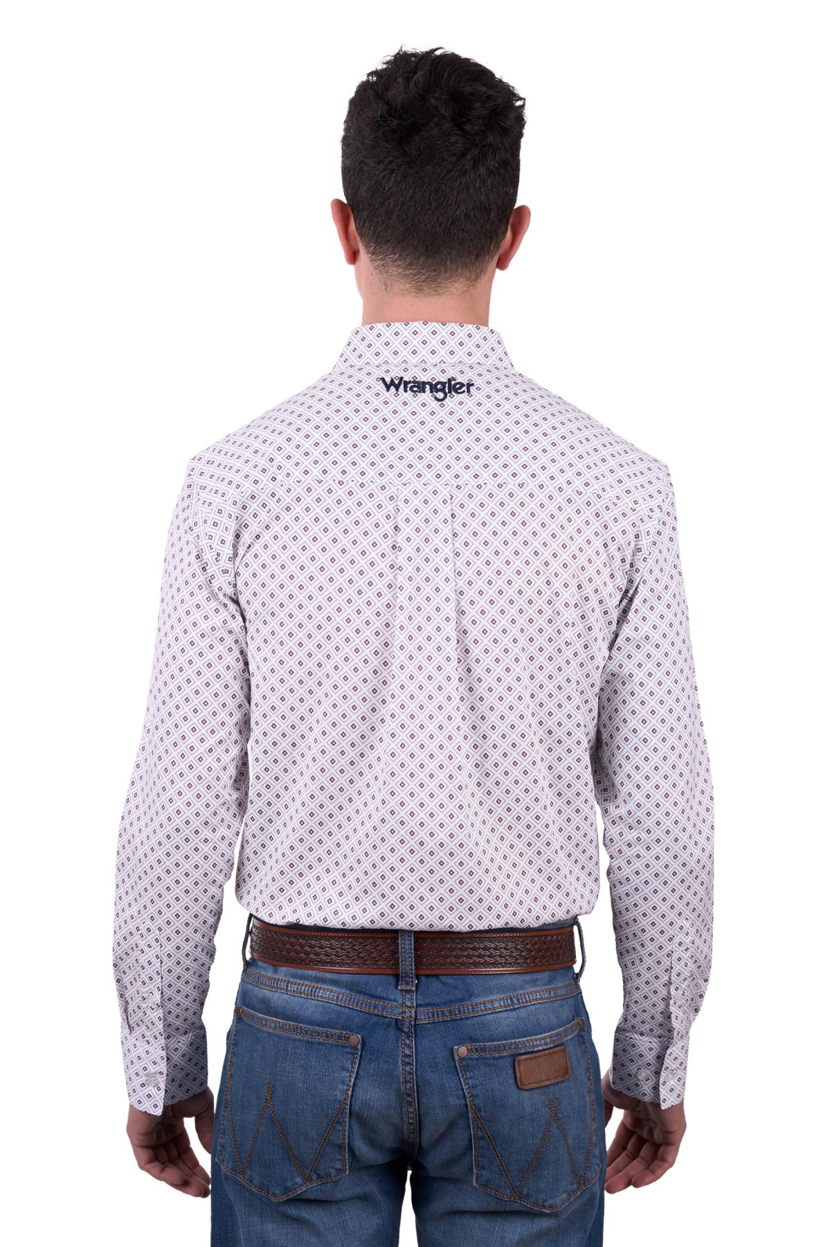 Wrangler Men’s Knox Print Button Down Long Sleeve Shirt - White/Dark Tan