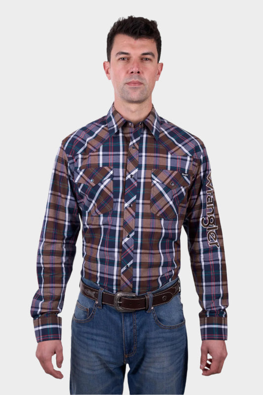 Wrangler Men’s Milo Check Logo Western Long Sleeve Shirt - TAN/NAVY
