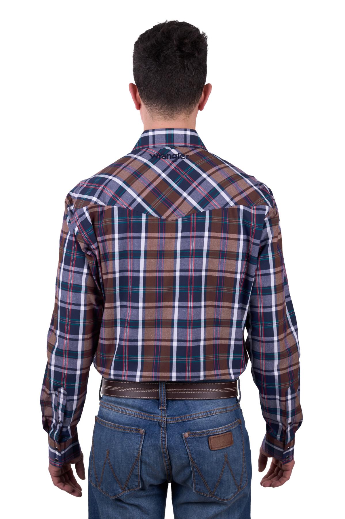 Wrangler Men’s Milo Check Logo Western Long Sleeve Shirt - TAN/NAVY