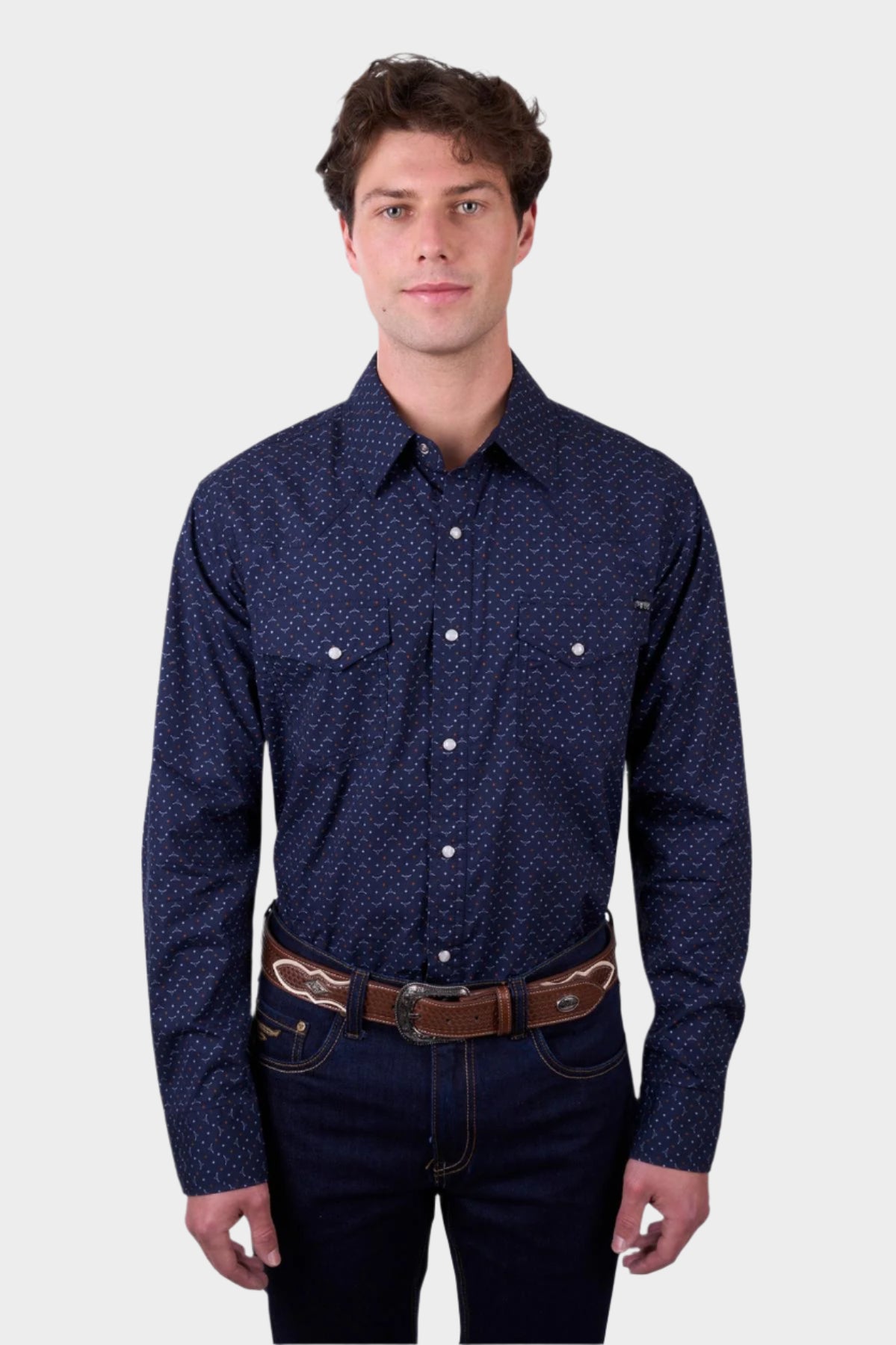 Pure Western Men’s Ross Print Western Long Sleeve Shirt - Navy