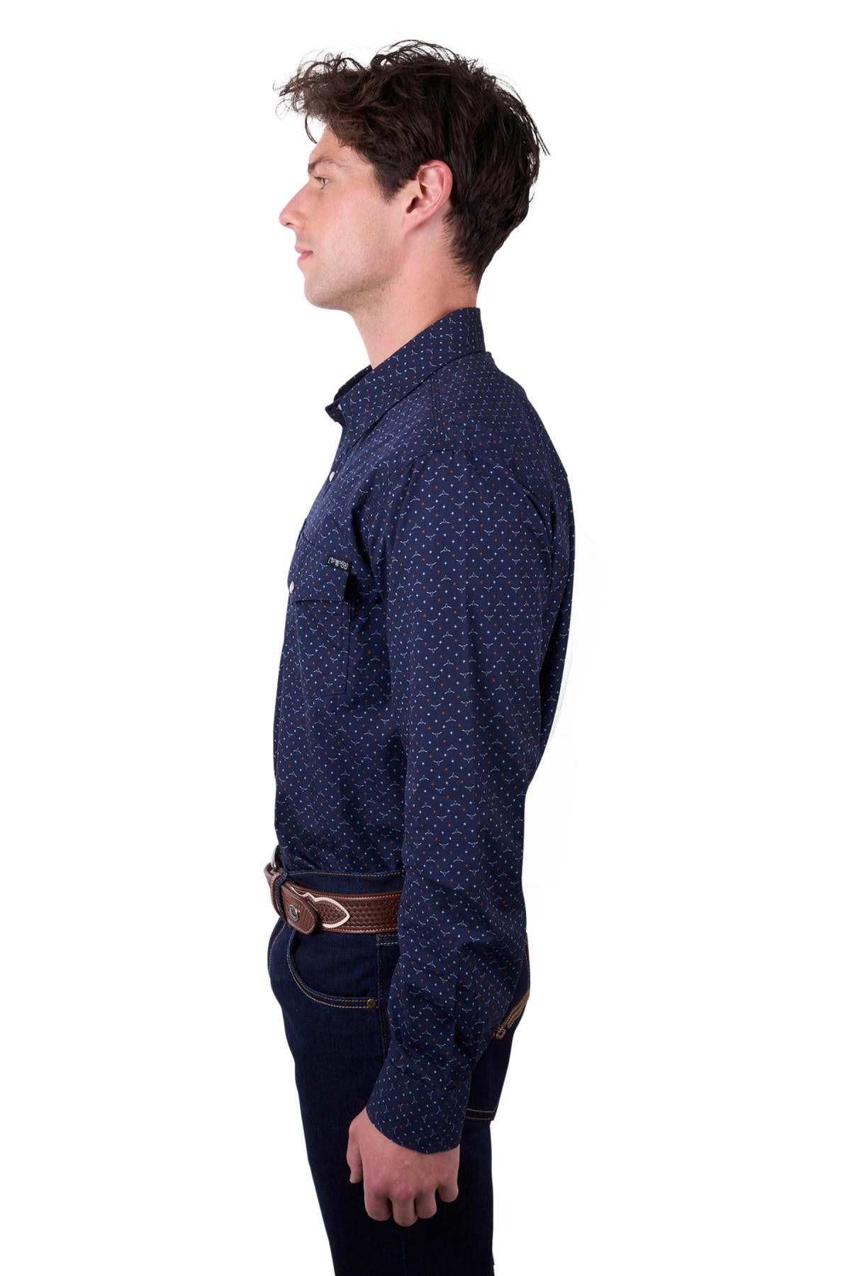 Pure Western Men’s Ross Print Western Long Sleeve Shirt - Navy