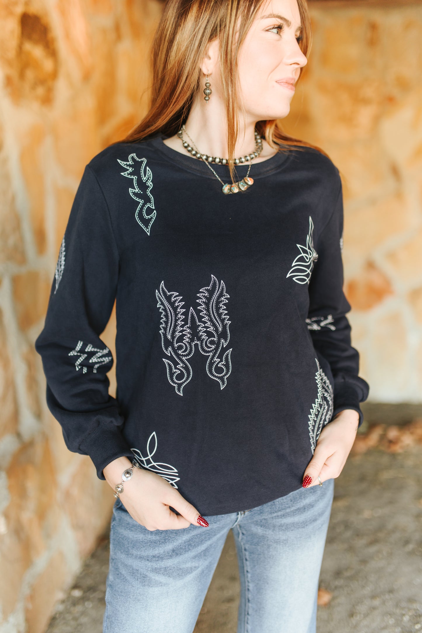 Lucky & Blessed Navy Boot-stitch Western Printed Round Neck Pull Over Sweater