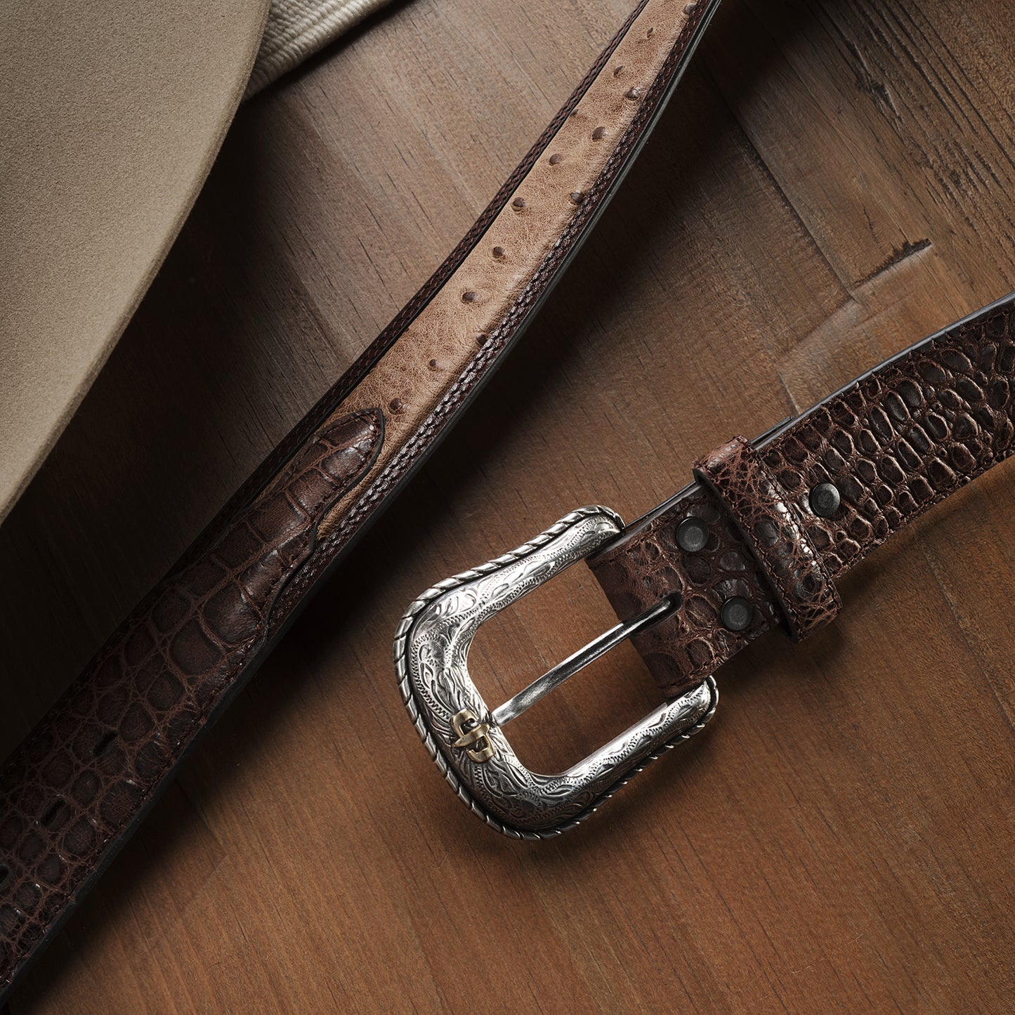 Stetson Ostrich Print Croco Embossed Western Tabs Belt - Cognac/California Nut- 38mm