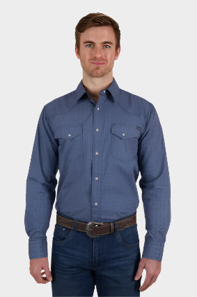 PURE WESTERN MENS MELVILLE LONG SLEEVE SHIRT (NAVY/WHITE) - SALE