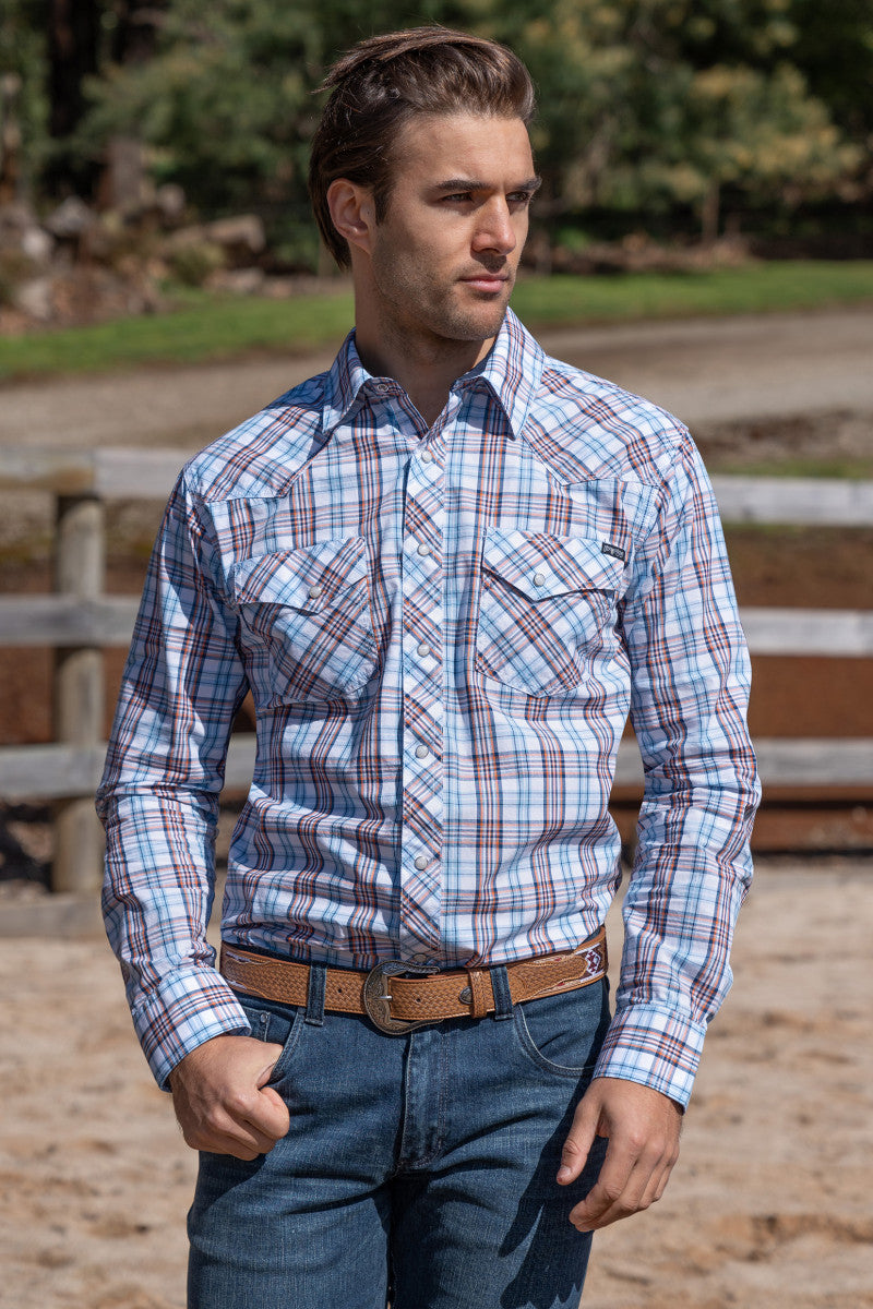 PURE WESTERN MENS LUCAS LONG SLEEVE SHIRT (WHITE/BLUE)