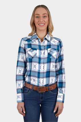 PURE WESTERN WOMENS CARITA L/S SHIRT (NAVY/TEAL)