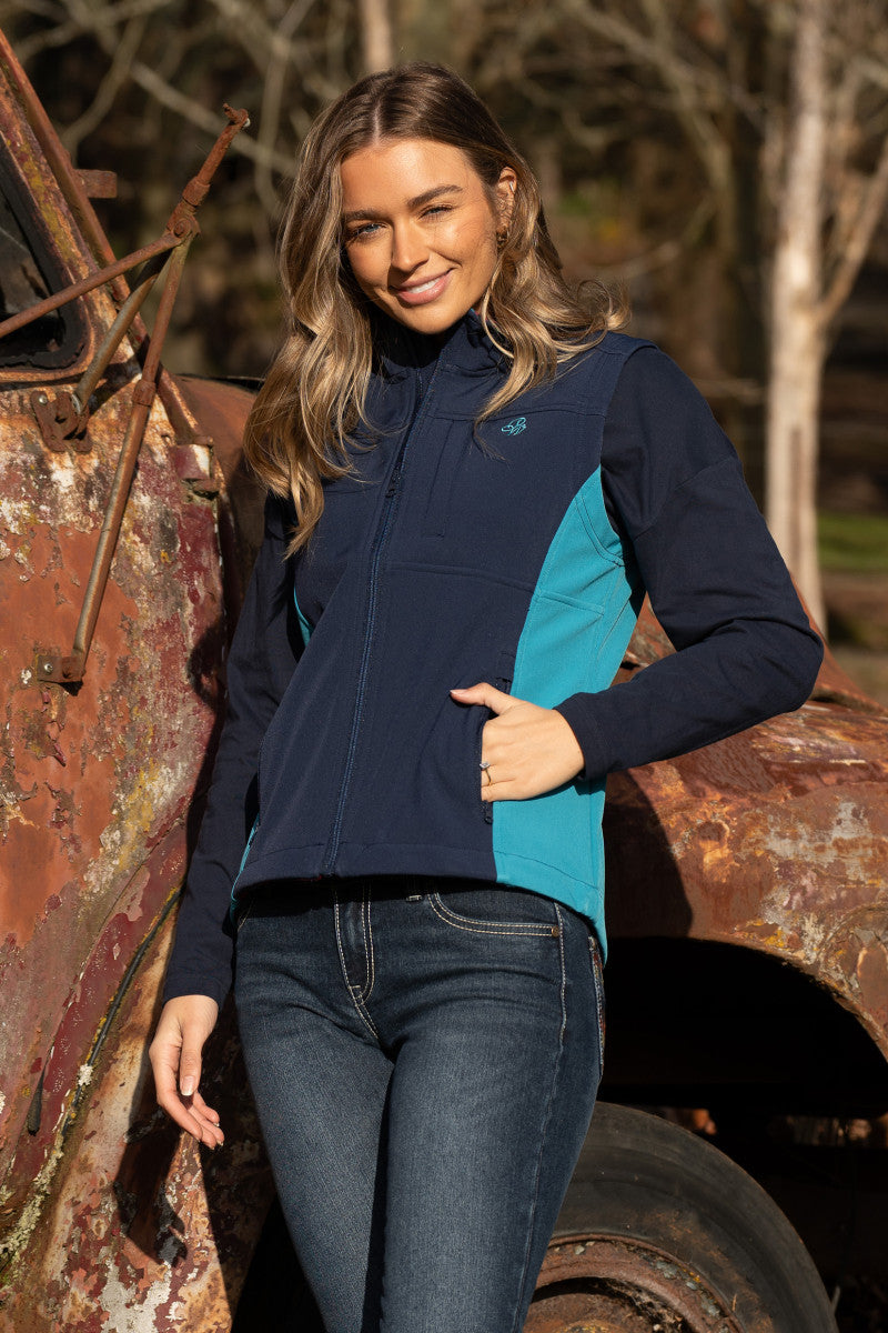 PURE WESTERN WOMENS TRACY SOFT SHELL VEST (NAVY/AQUA) - CLEARANCE