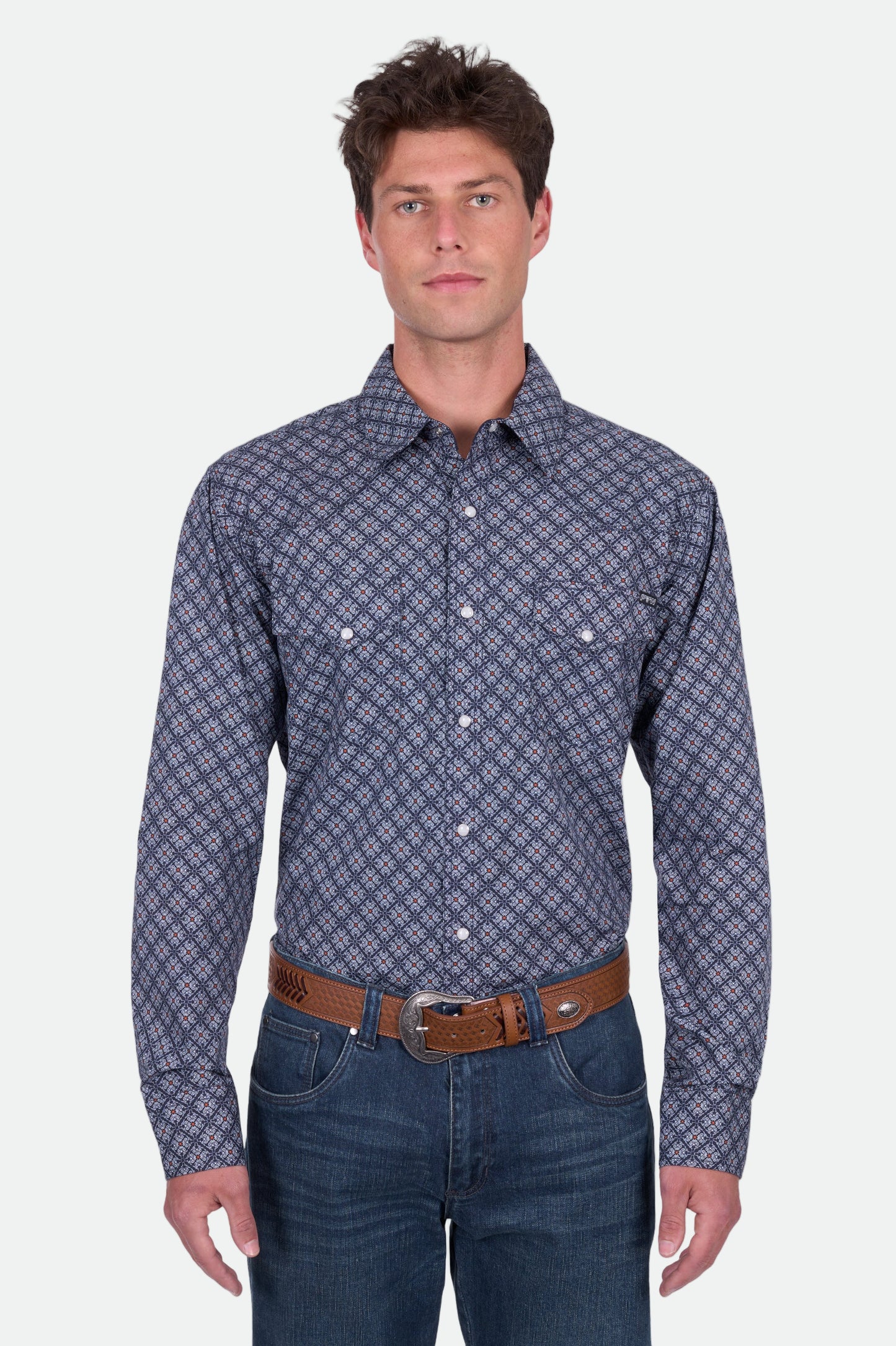 Pure Western Men's Douglas Ls Shirt - Navy/White