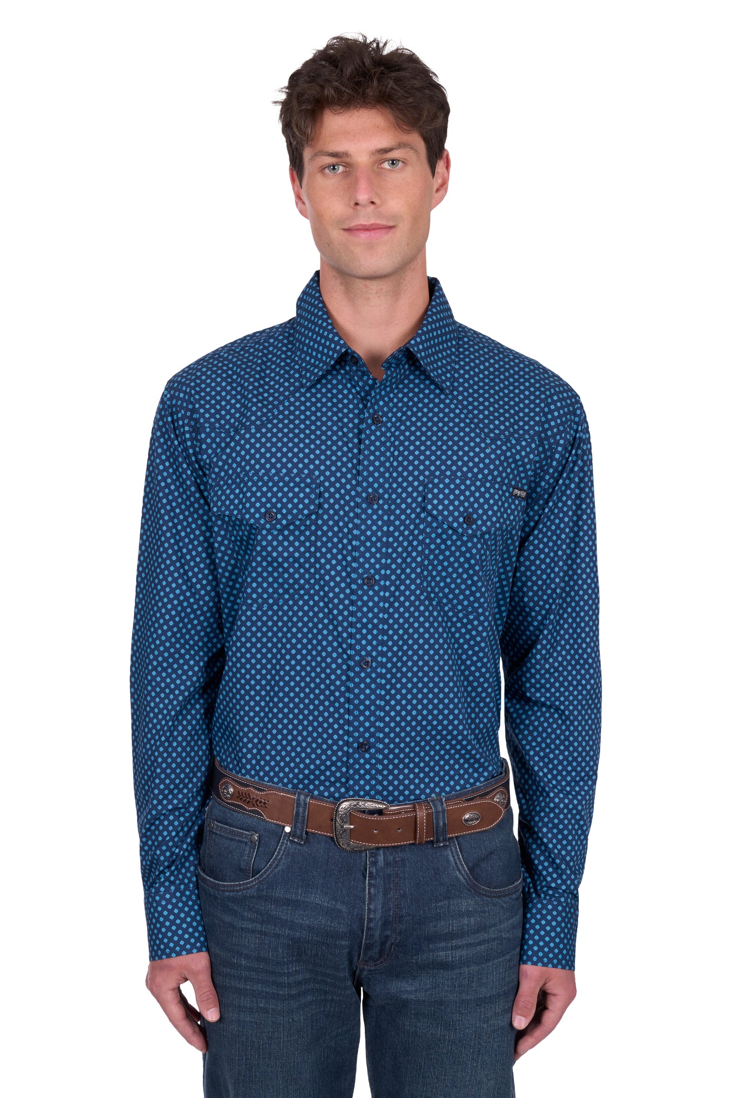 Pure Western Men's Brandon Ls Shirt - Navy/Blue