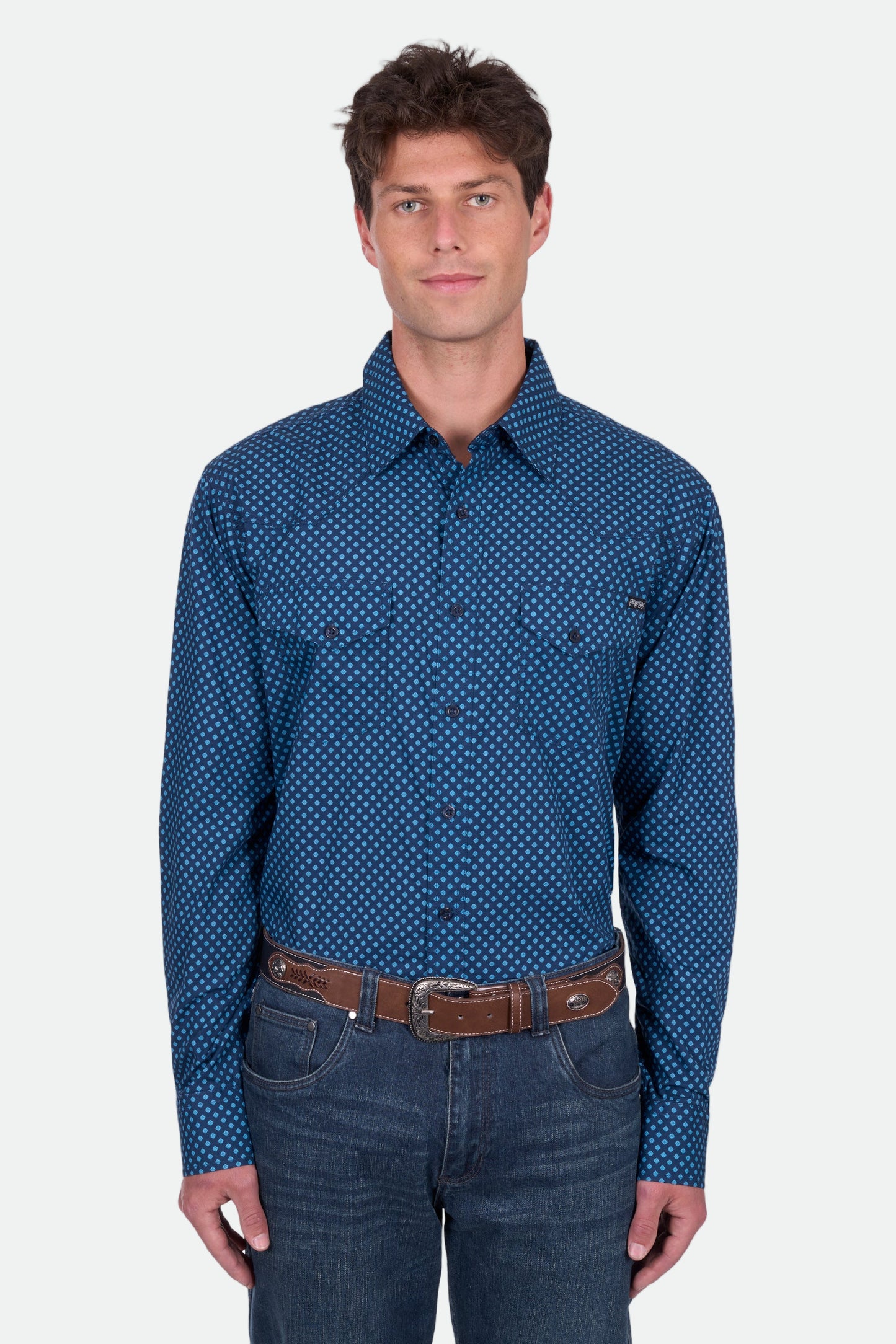 Pure Western Men's Brandon Ls Shirt - Navy/Blue