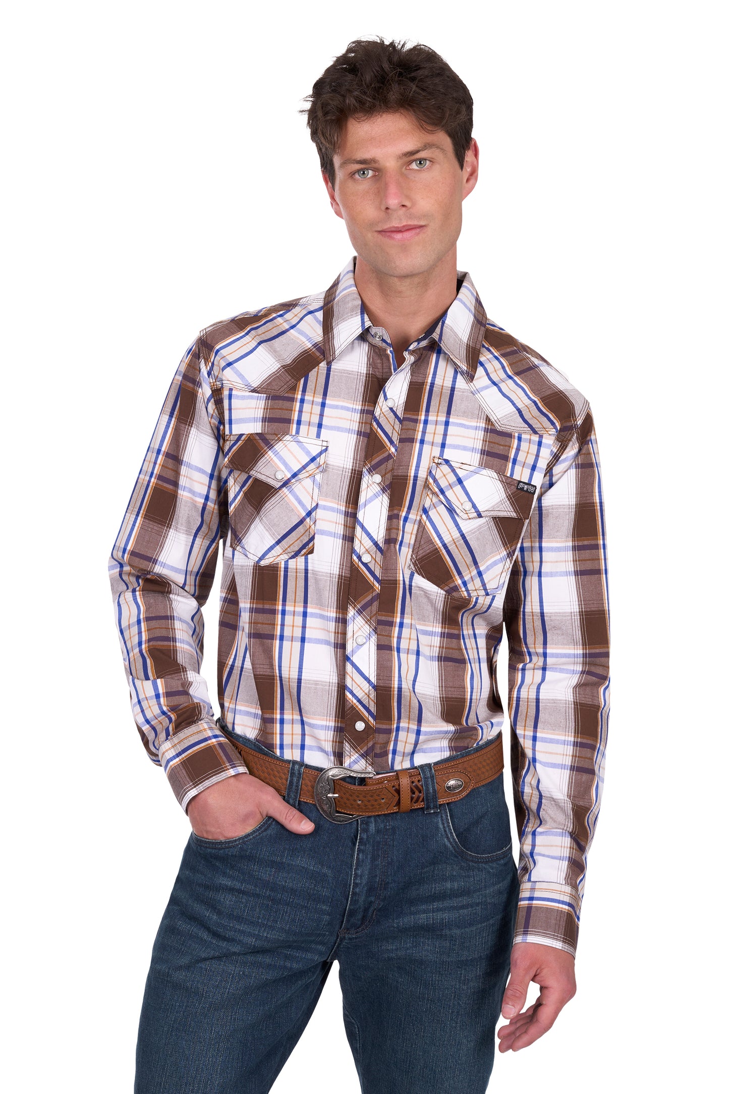 Pure Western Men's George Ls Shirt - Dark Tan/Blue