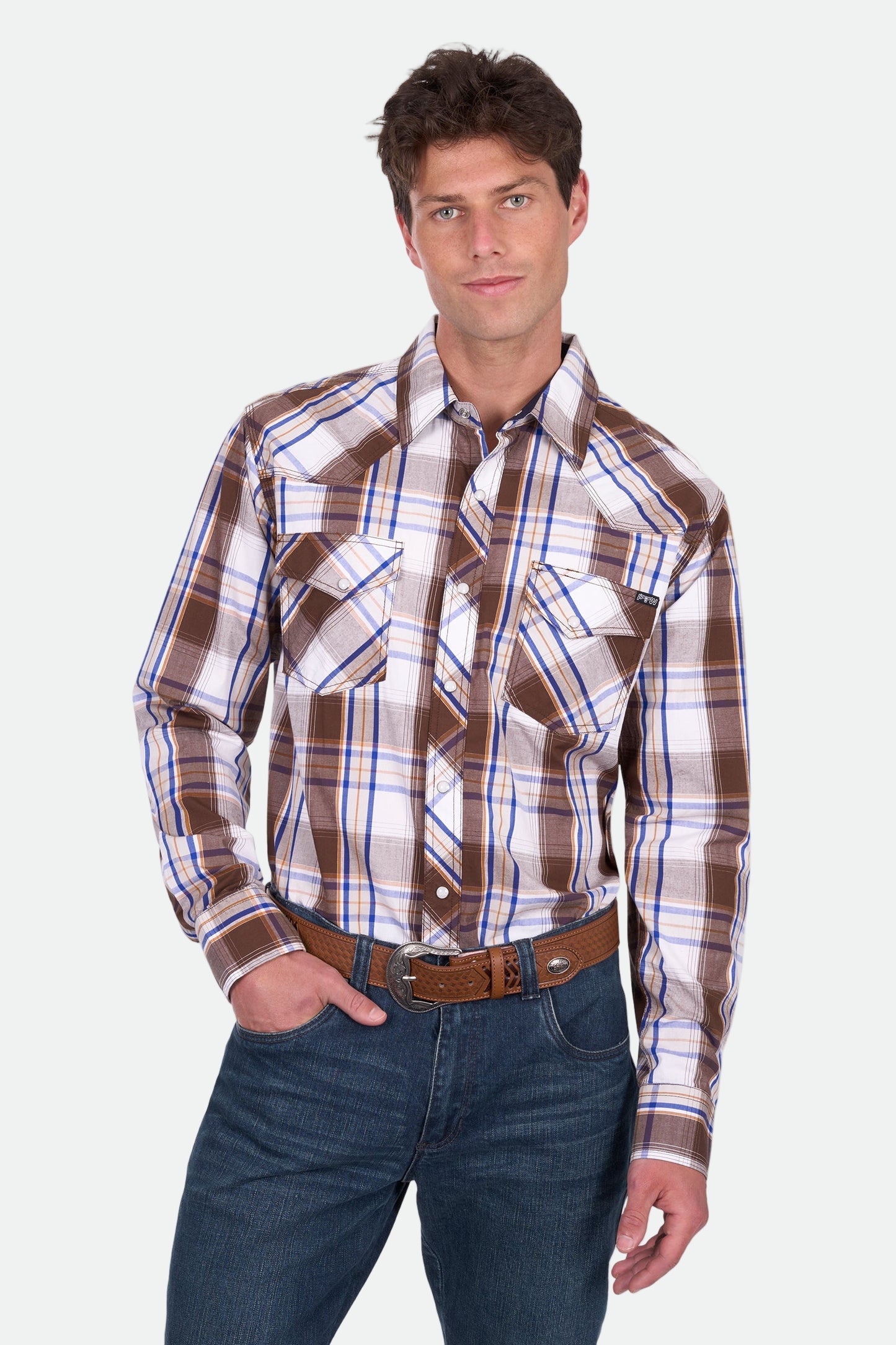 Pure Western Men's George Ls Shirt - Dark Tan/Blue
