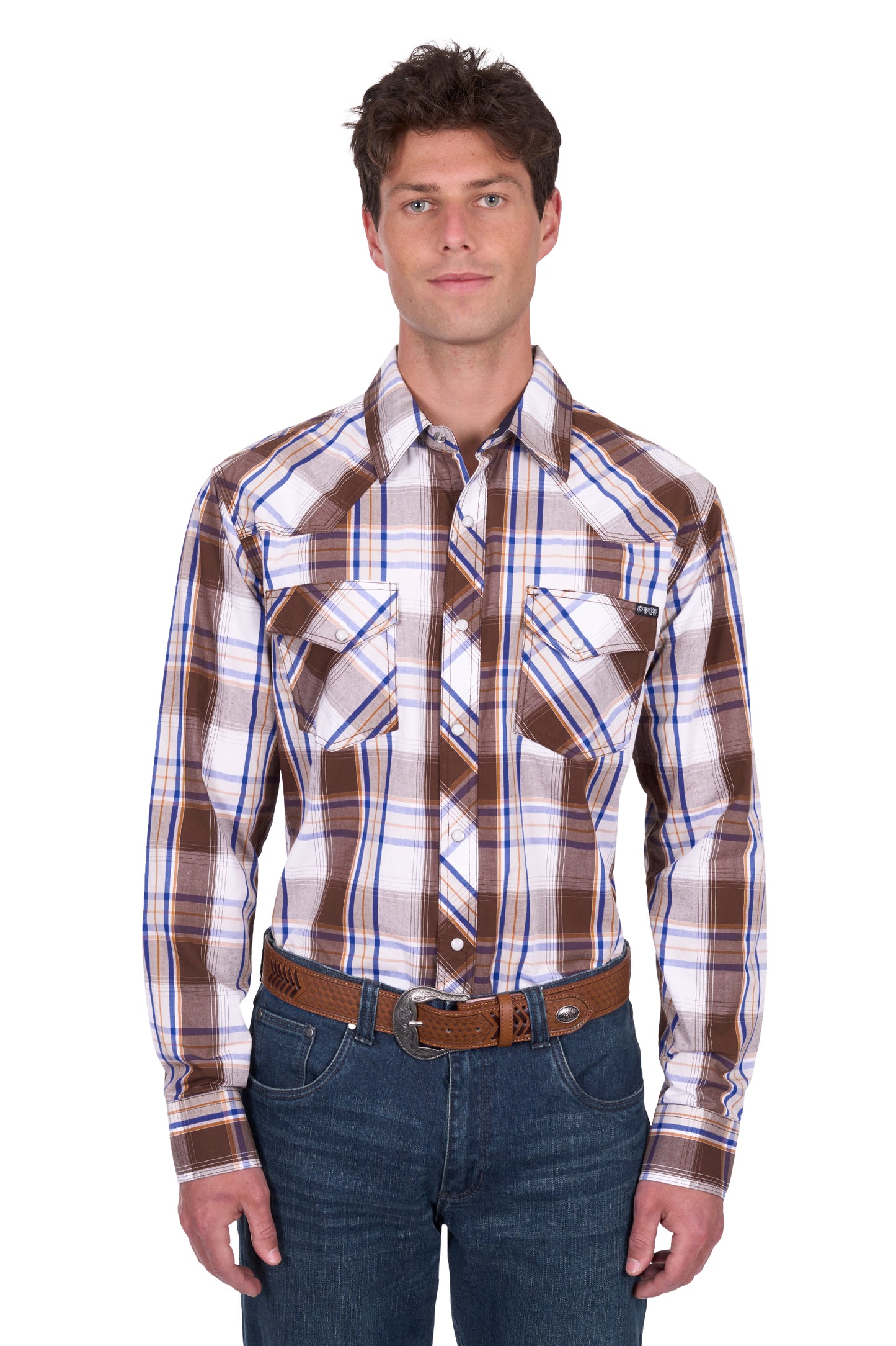 Pure Western Men's George Ls Shirt - Dark Tan/Blue