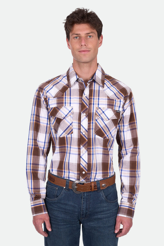 Pure Western Men's George Ls Shirt - Dark Tan/Blue
