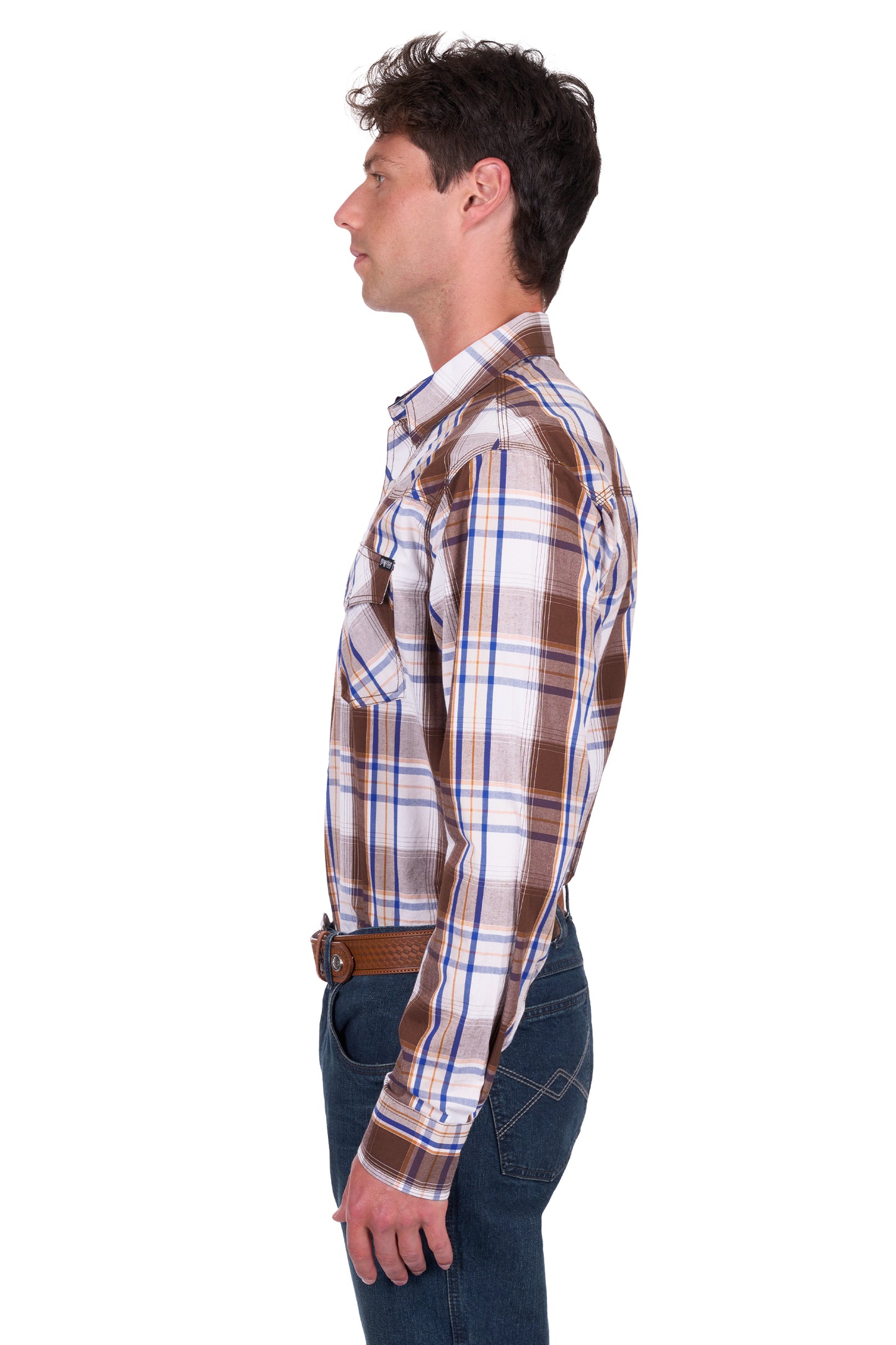 Pure Western Men's George Ls Shirt - Dark Tan/Blue