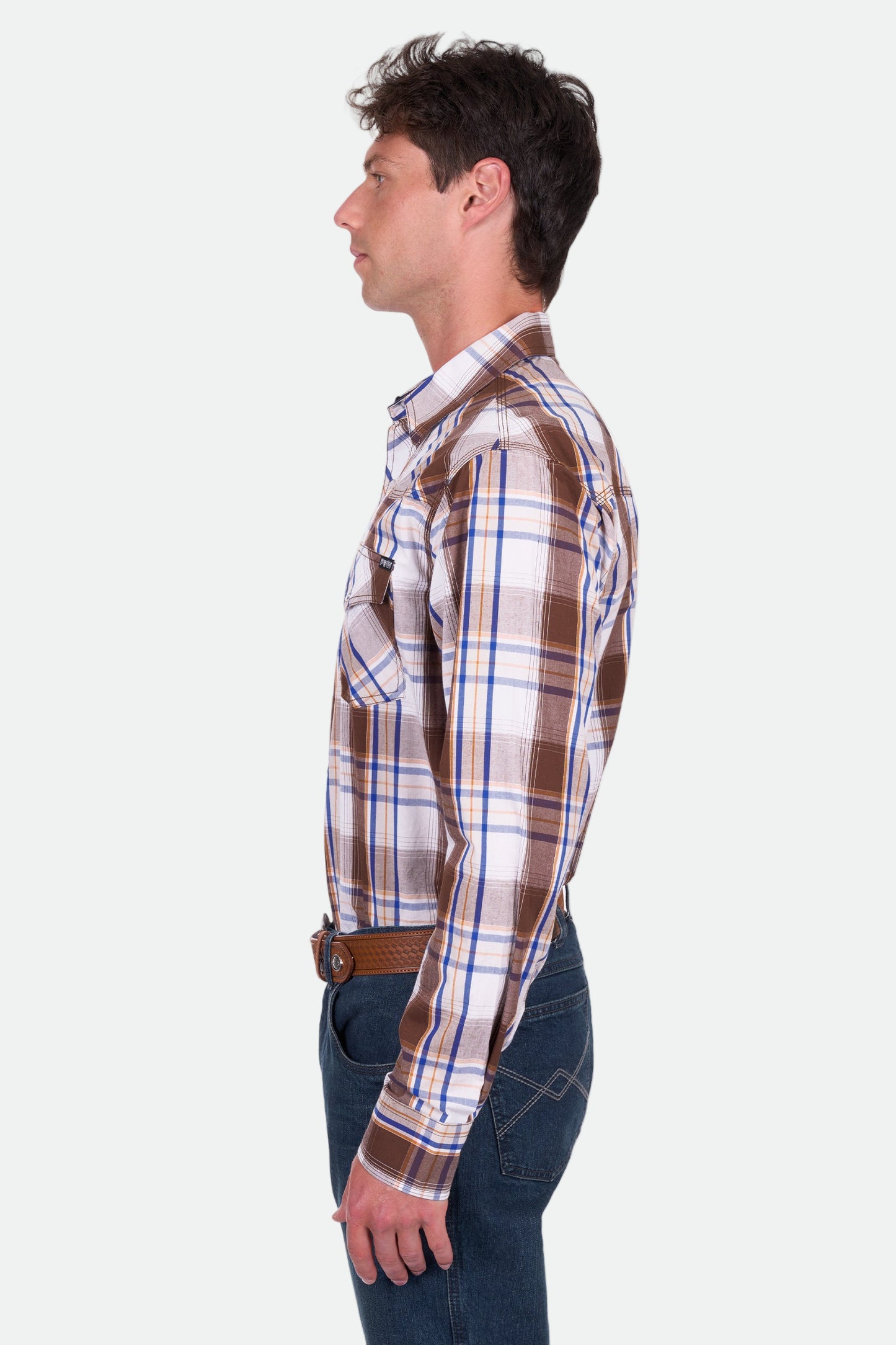 Pure Western Men's George Ls Shirt - Dark Tan/Blue