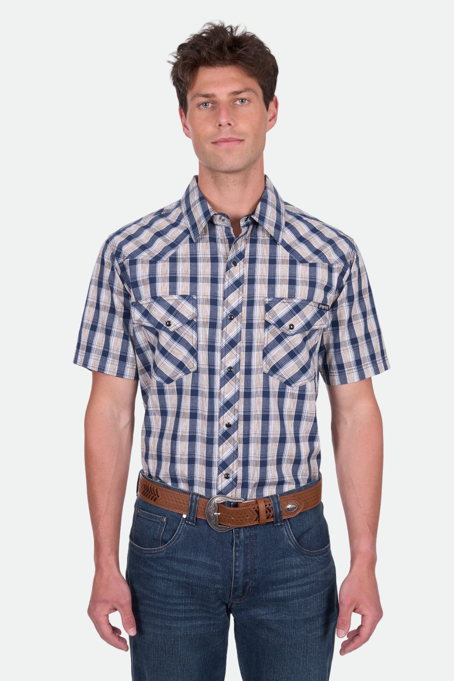Pure Western Men's Peter Ss Shirt -Navy/Tan