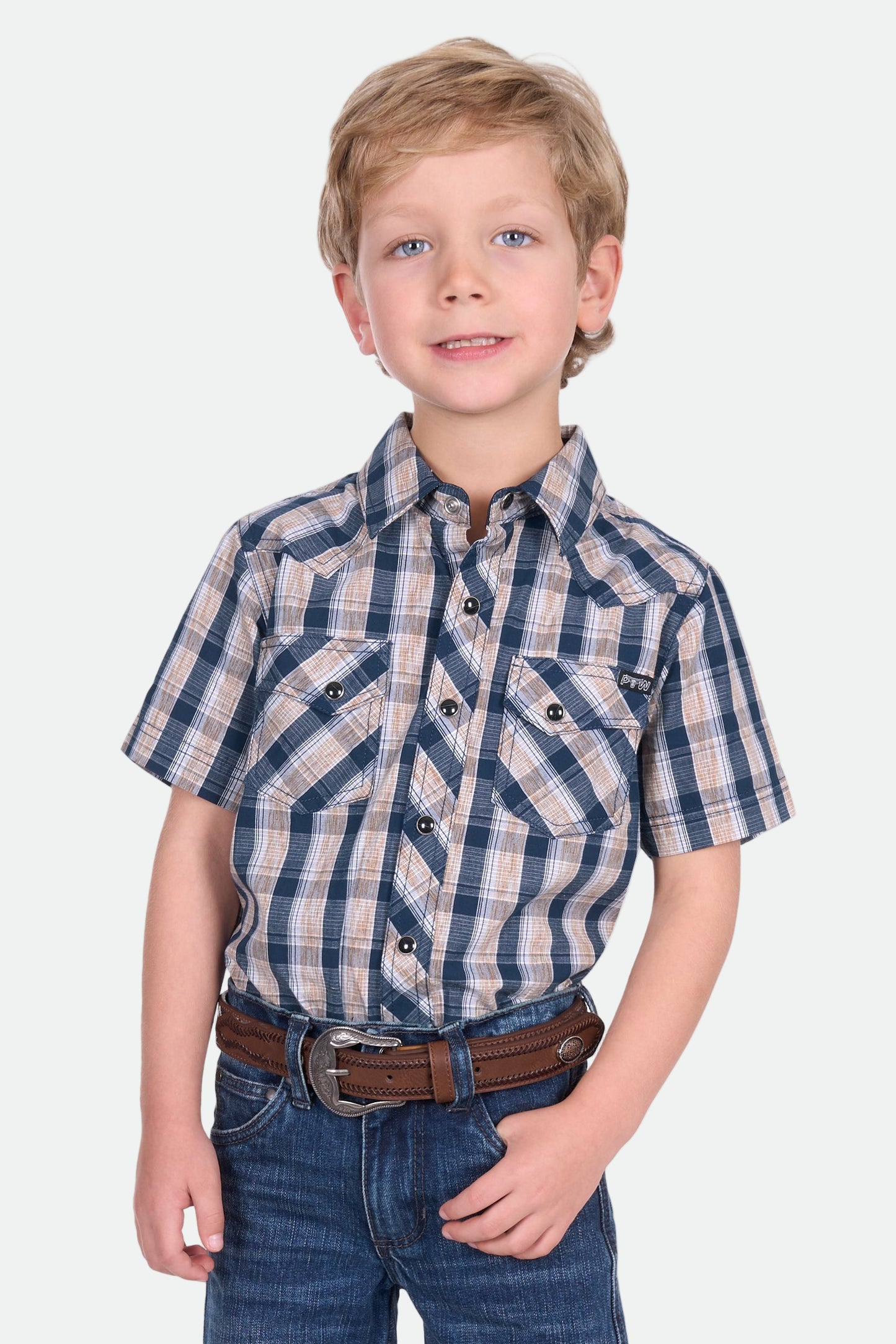 Pure Western Boy's Peter Ss Shirt - Navy/Tan