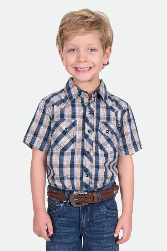 Pure Western Boy's Peter Ss Shirt - Navy/Tan