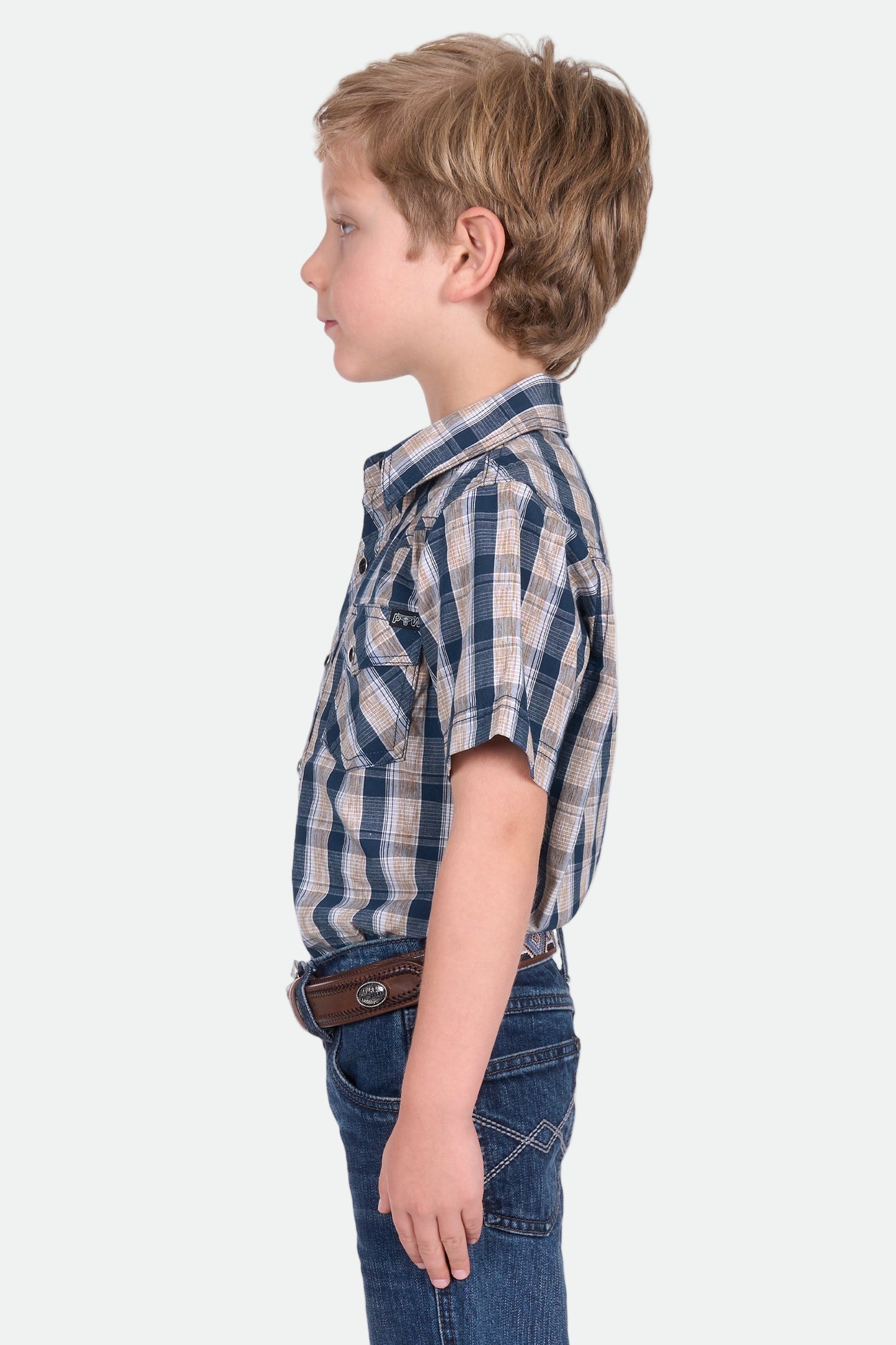 Pure Western Boy's Peter Ss Shirt - Navy/Tan