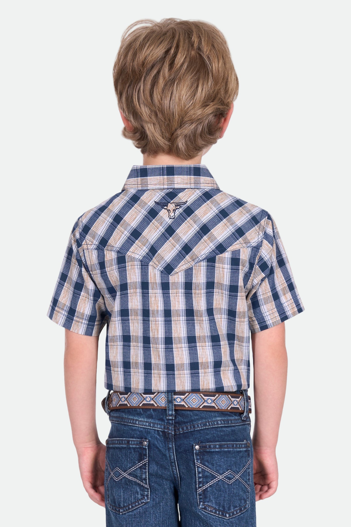 Pure Western Boy's Peter Ss Shirt - Navy/Tan