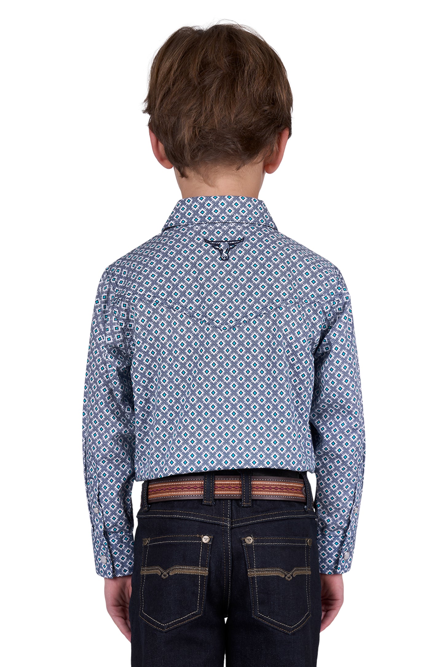 Pure Western Boy’s Mark Print Long Sleeve Shirt - Navy/Teal