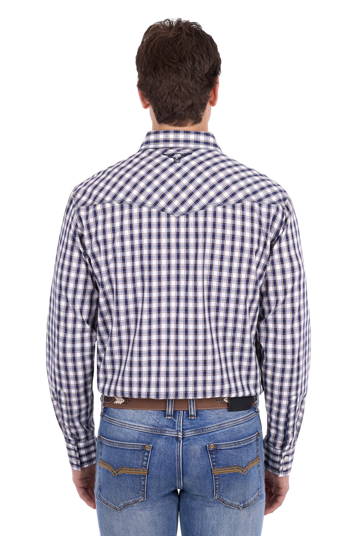 Pure Western Men’s George Long Sleeve Shirt – Navy/Tan