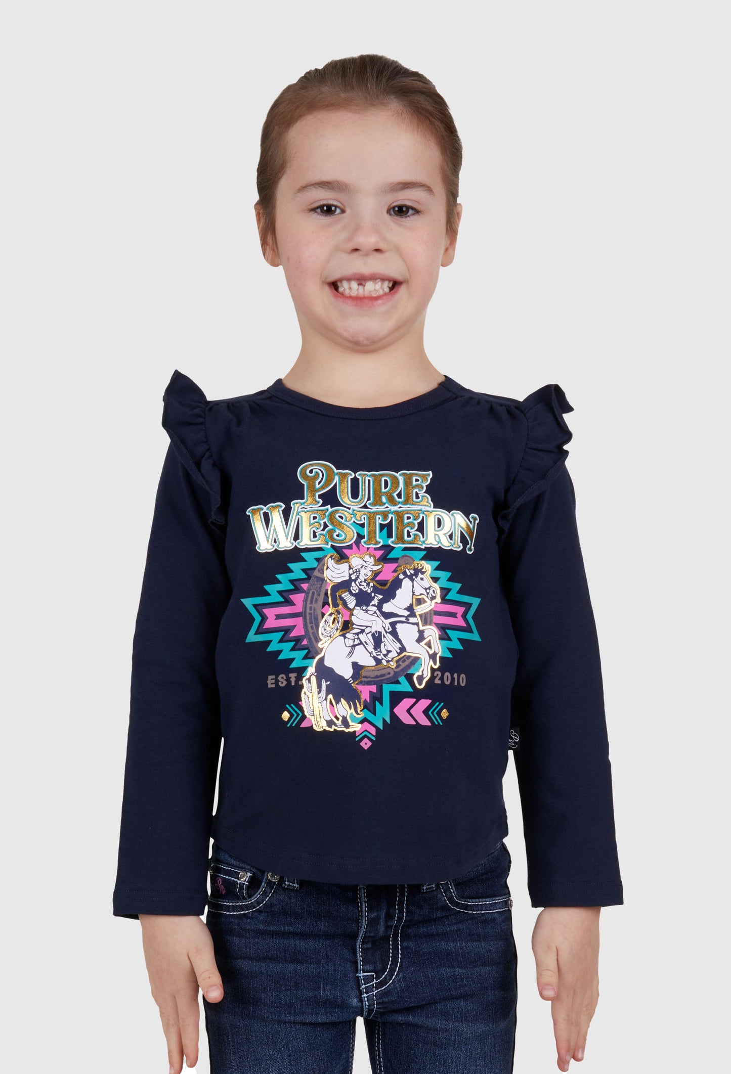 PURE WESTERN GIRLS EMMA FRILL LONG SLEEVE TEE (NAVY)