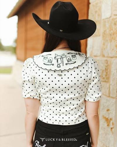 Lucky & Blessed Ivory Polka Dot Puff Sleeve Blouse With Embroidered Collar